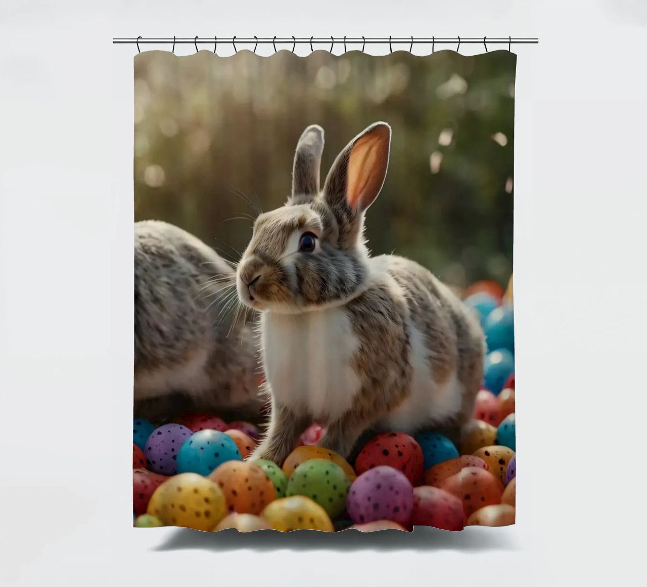 Rabbits exploring a colorful array of eggs shower curtain by DesignDoodle