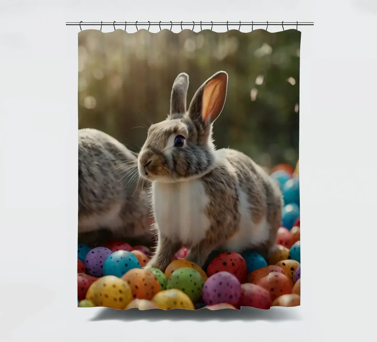 Conigli che esplorano una serie di uova colorate tenda da doccia da DesignDoodle