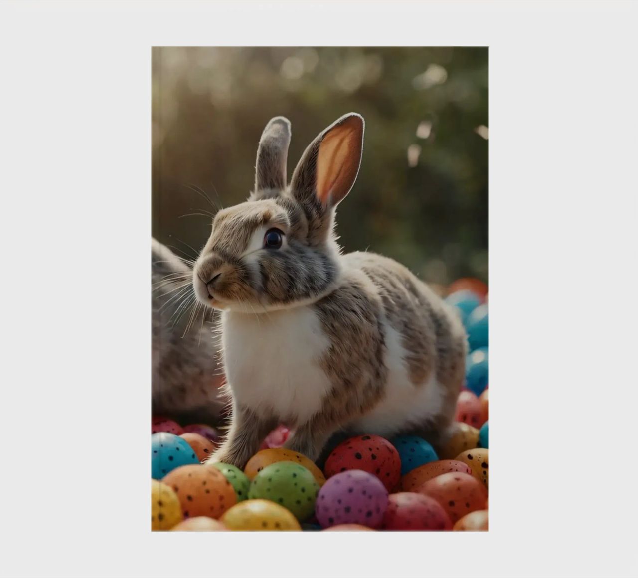 Rabbits exploring a colorful array of eggs notebook by DesignDoodle