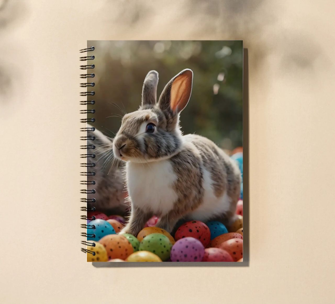 Rabbits exploring a colorful array of eggs spiral notebook by DesignDoodle