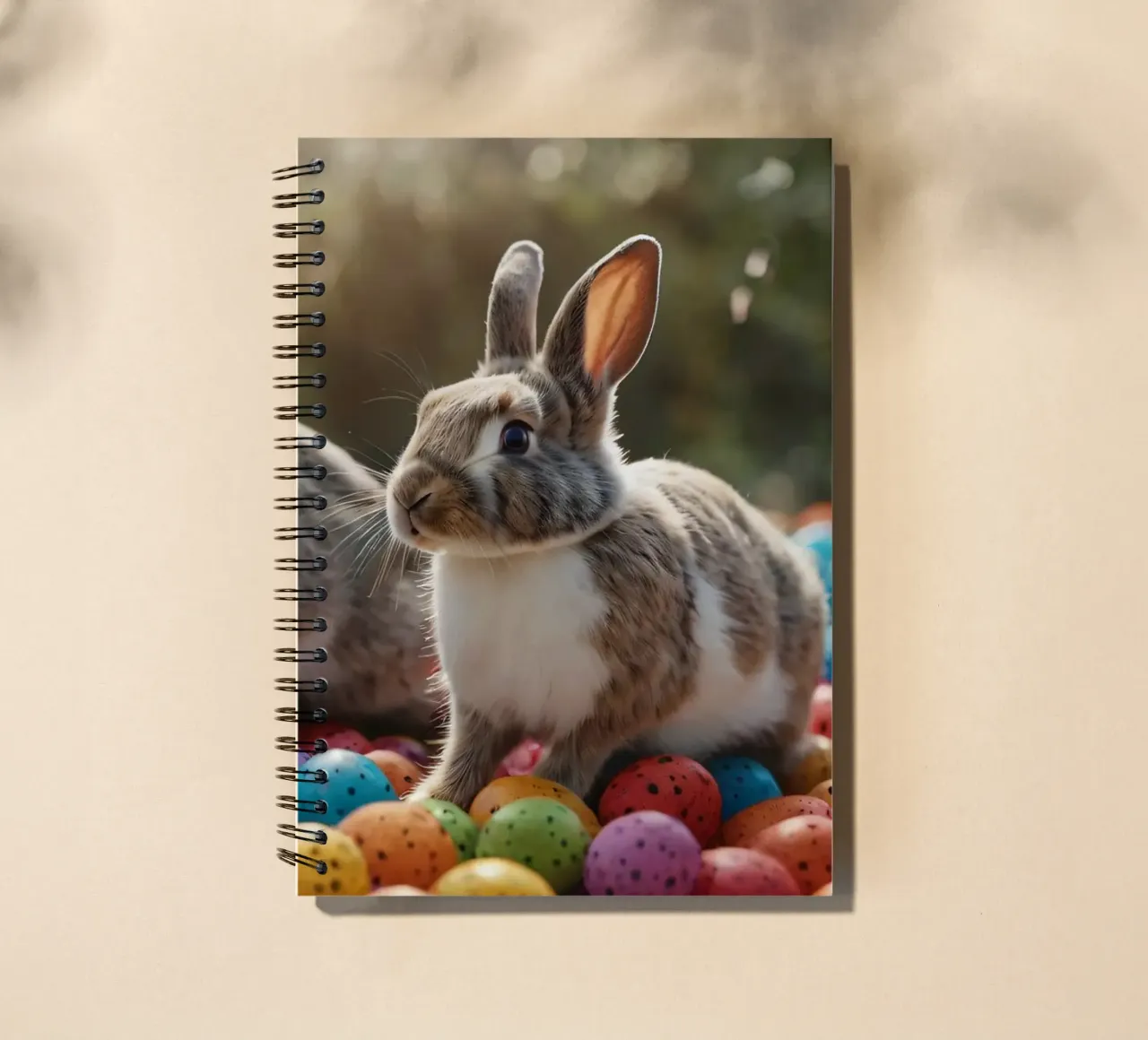 Rabbits exploring a colorful array of eggs spiral notebook by DesignDoodle