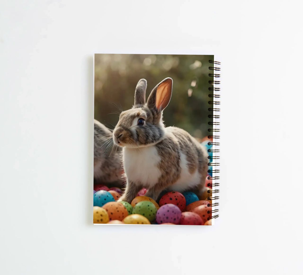 Rabbits exploring a colorful array of eggs spiral notebook by DesignDoodle