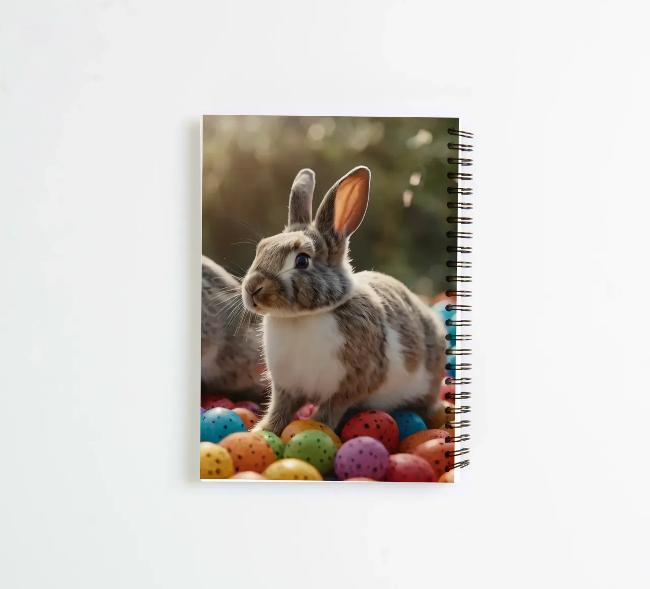 Rabbits exploring a colorful array of eggs spiral notebook by DesignDoodle