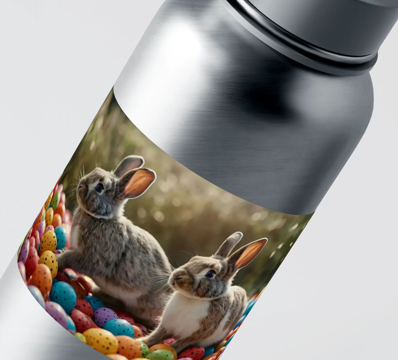 Rabbits exploring a colorful array of eggs sticker by DesignDoodle