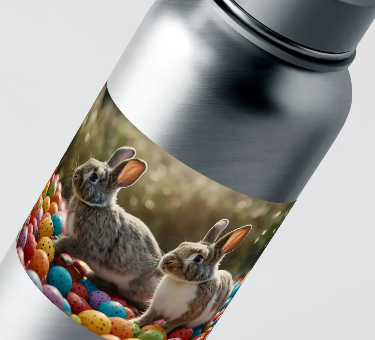 Des lapins explorant une multitude d'œufs colorés autocollant de DesignDoodle