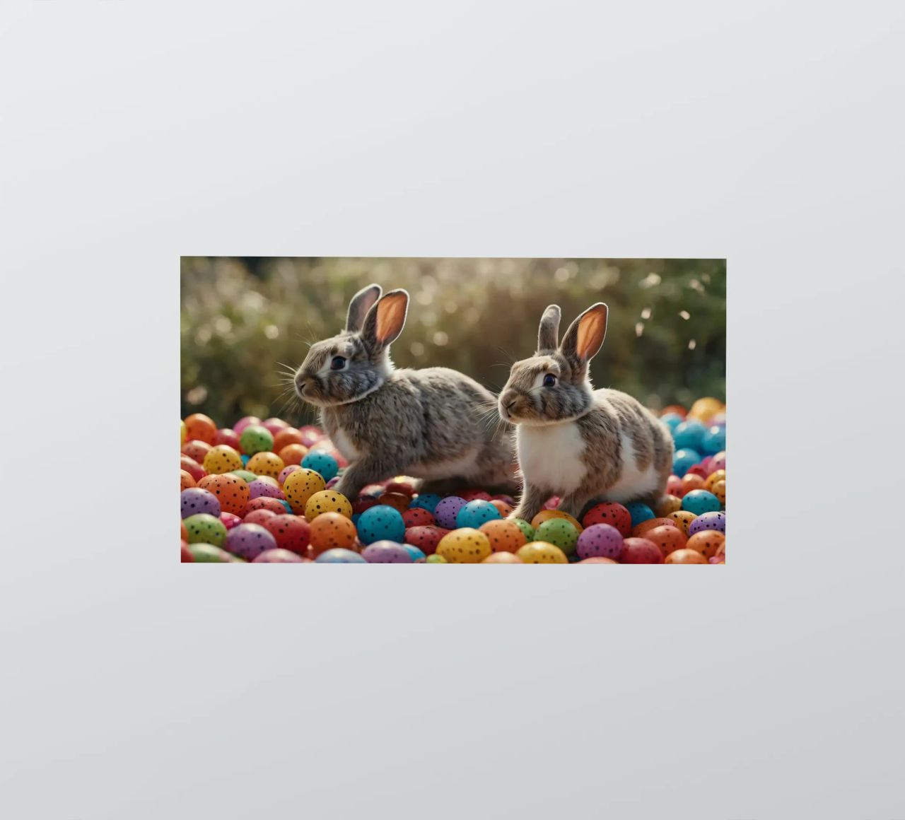 Rabbits exploring a colorful array of eggs sticker by DesignDoodle