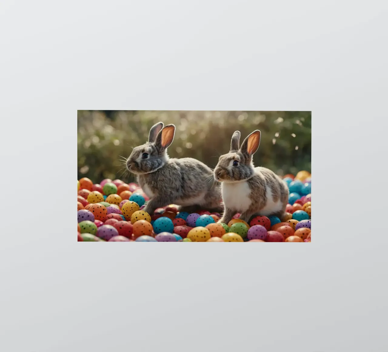 Des lapins explorant une multitude d'œufs colorés autocollant de DesignDoodle