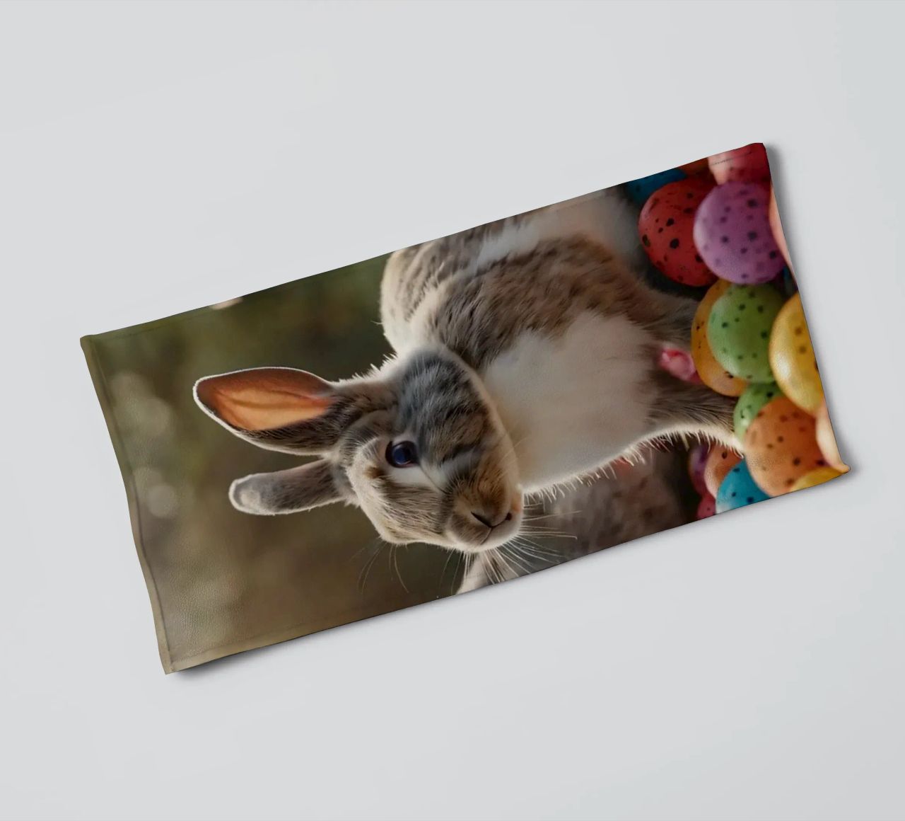 Rabbits exploring a colorful array of eggs towel by DesignDoodle