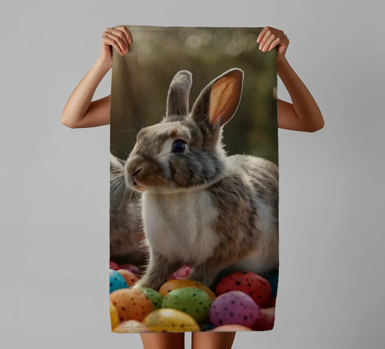 Des lapins explorant une multitude d'œufs colorés serviette de bain de DesignDoodle