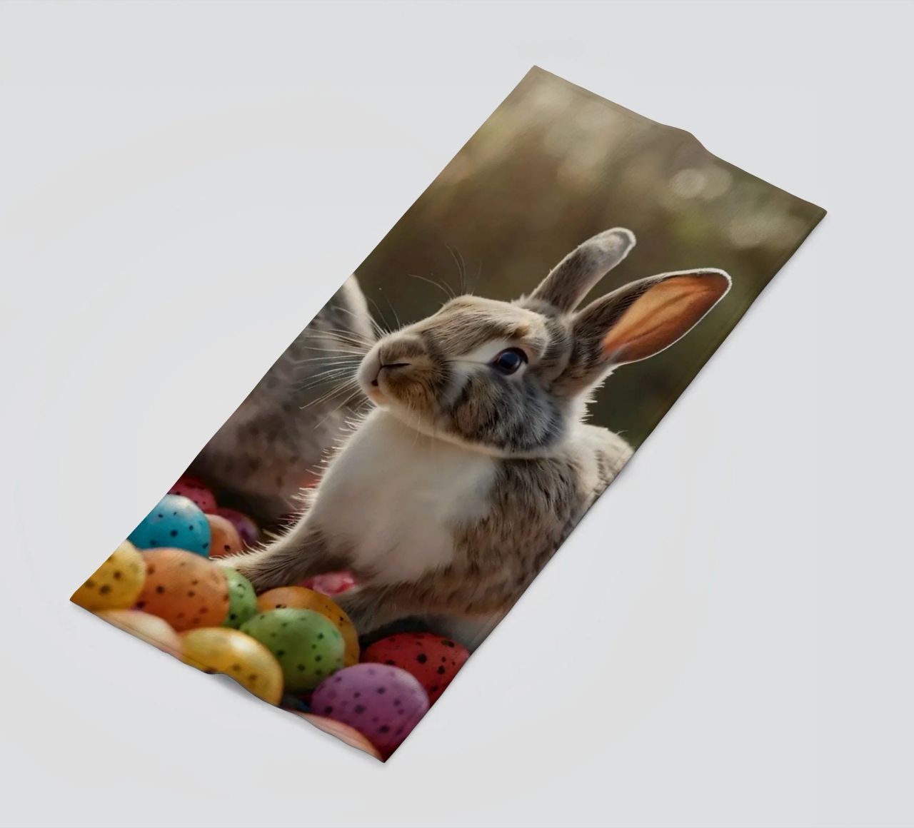 Rabbits exploring a colorful array of eggs beach towel by DesignDoodle