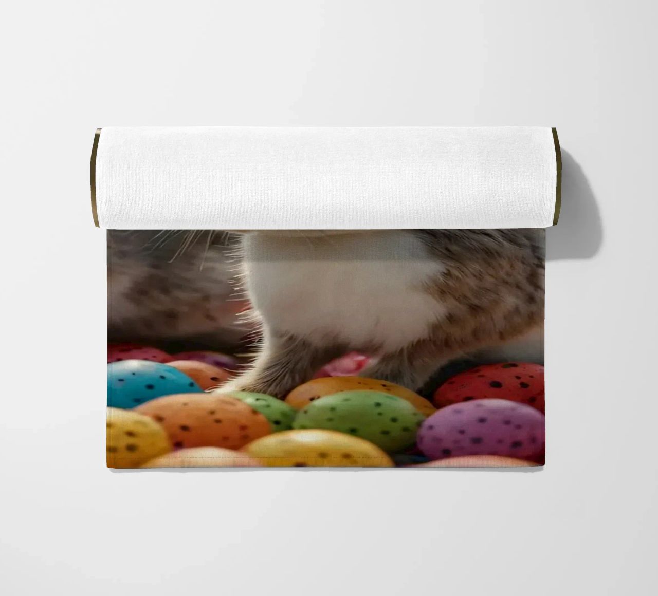Rabbits exploring a colorful array of eggs beach towel by DesignDoodle