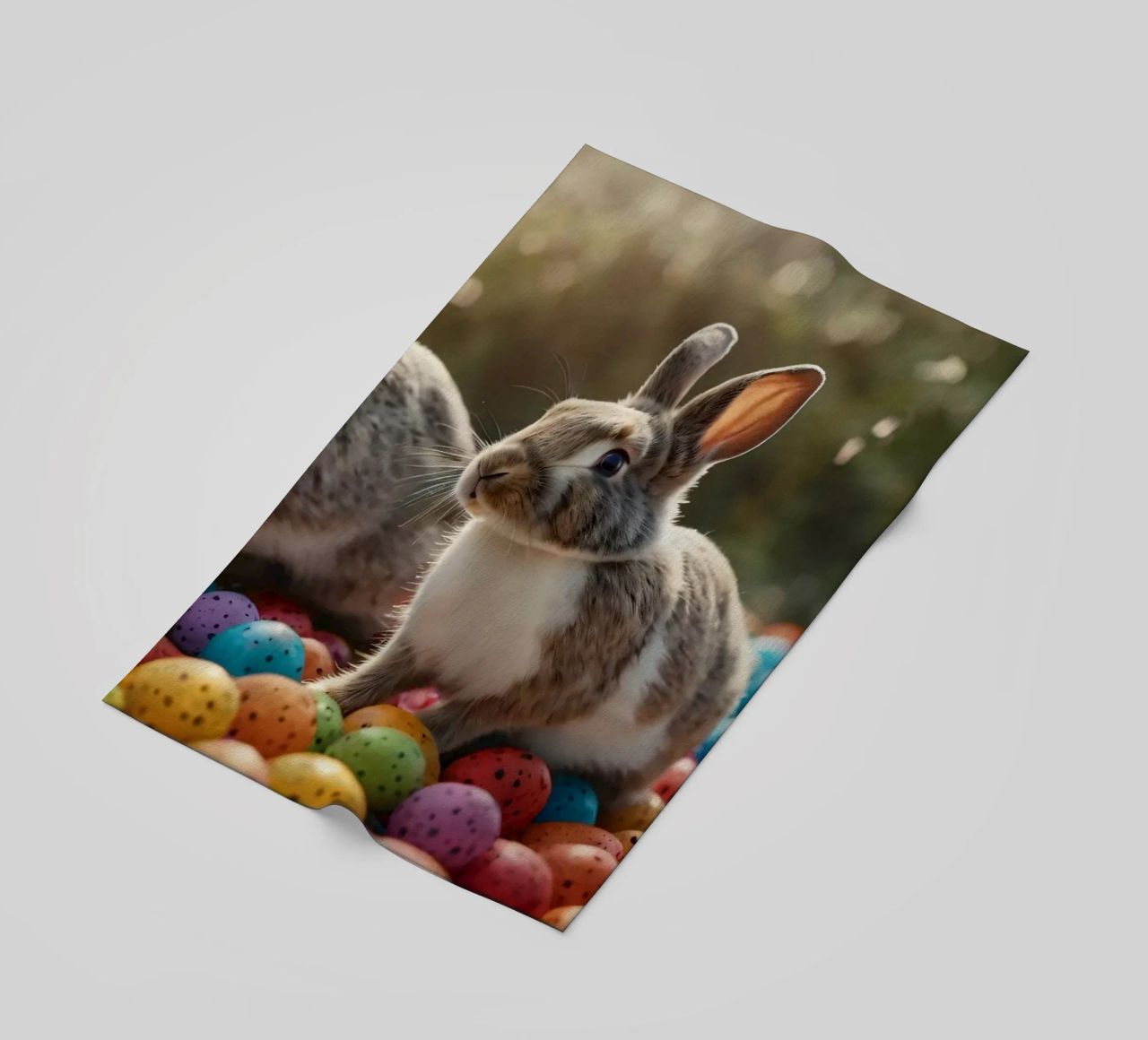 Rabbits exploring a colorful array of eggs beach towel by DesignDoodle