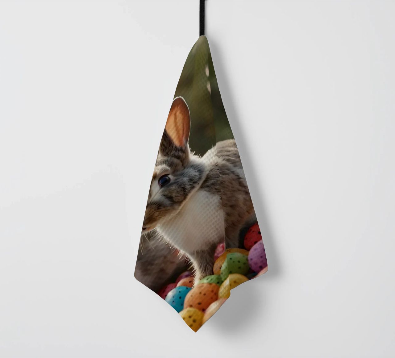 Rabbits exploring a colorful array of eggs tea towel by DesignDoodle