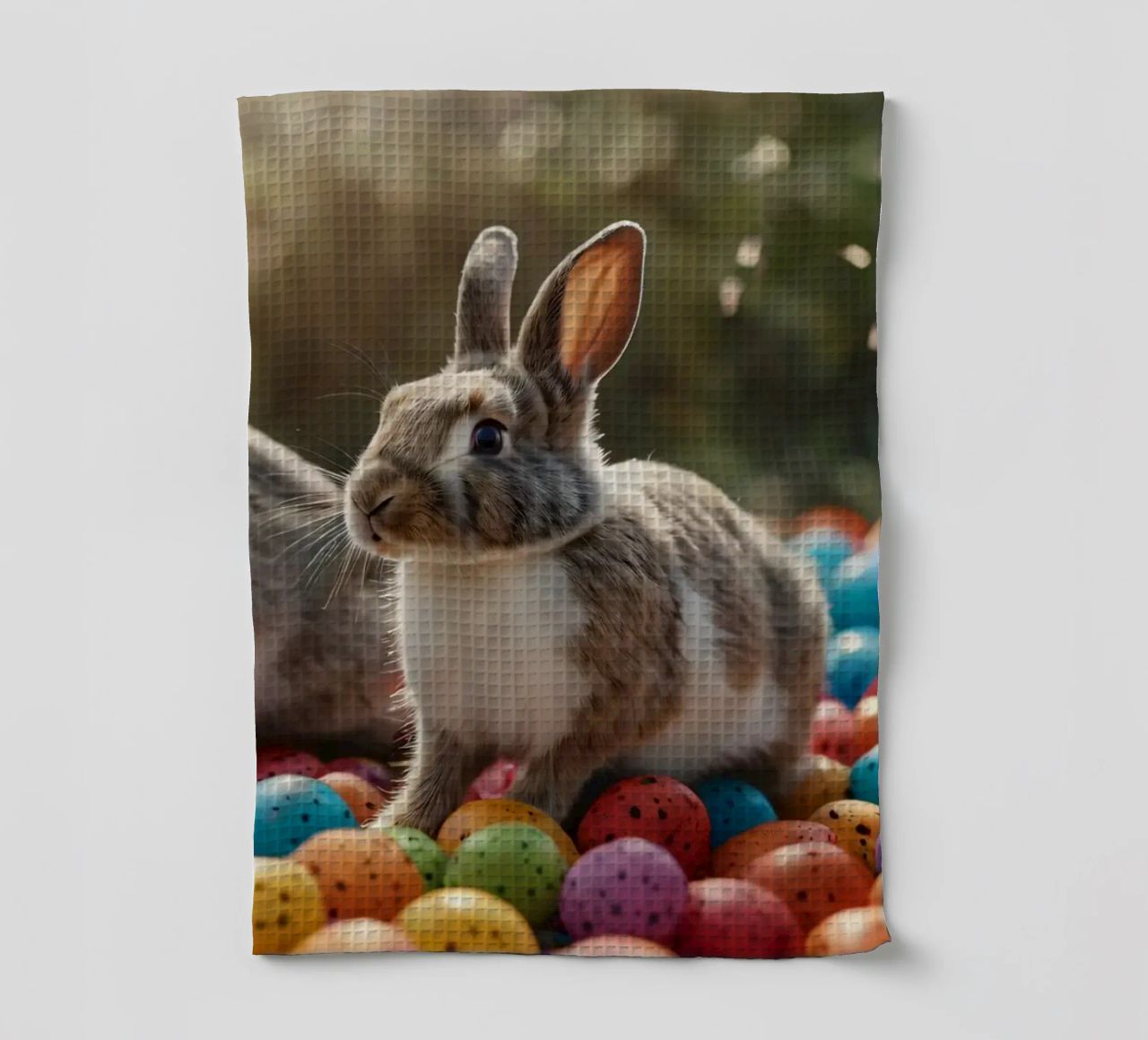 Rabbits exploring a colorful array of eggs tea towel by DesignDoodle