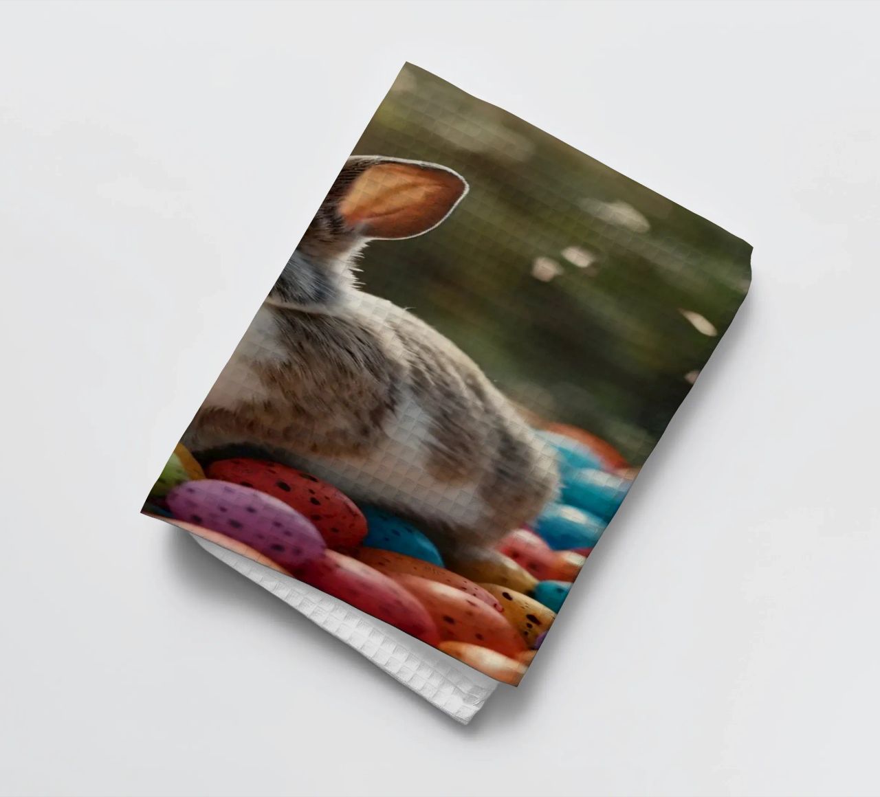 Rabbits exploring a colorful array of eggs tea towel by DesignDoodle