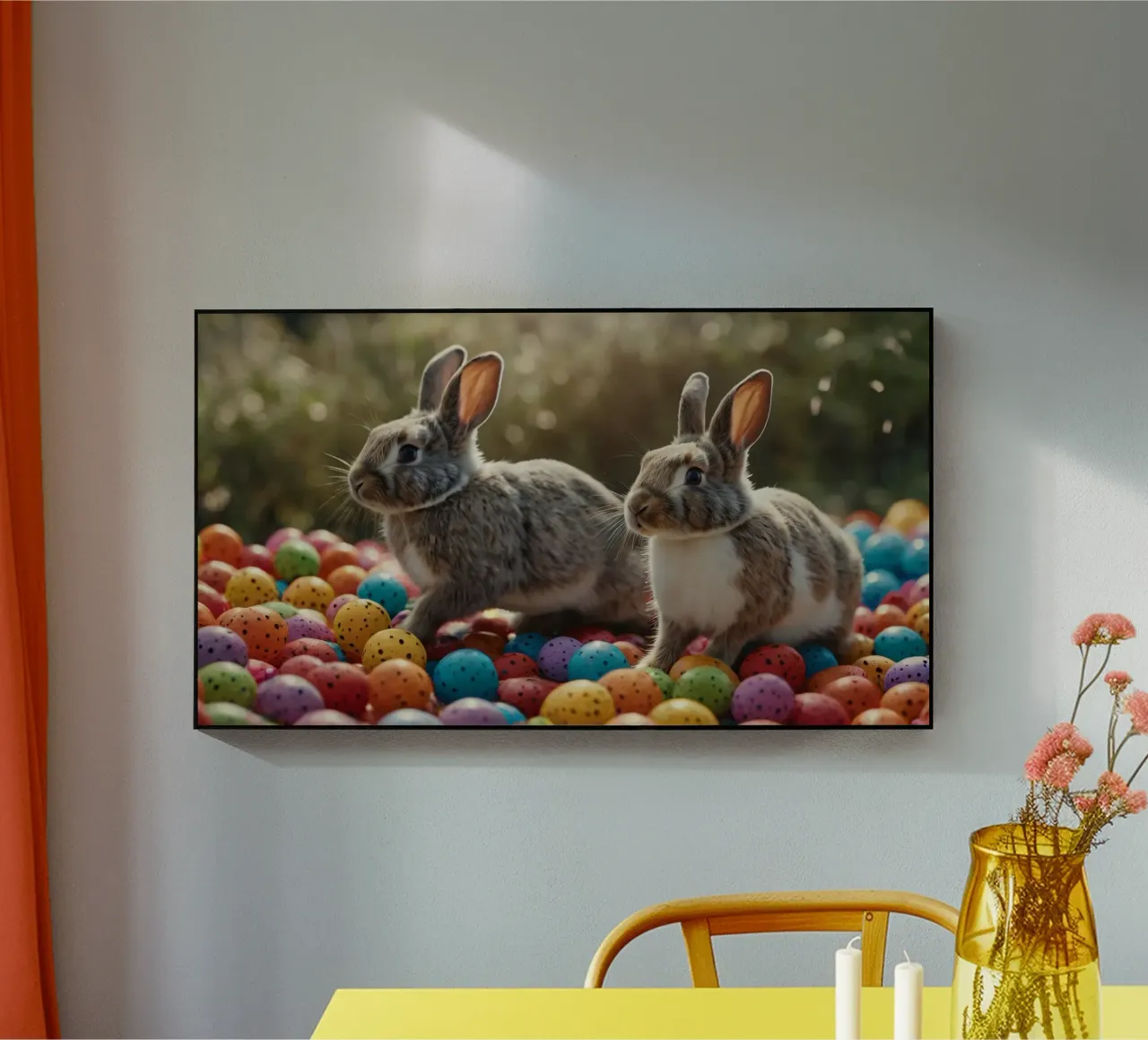 Des lapins explorant une multitude d'œufs colorés plexiglas de DesignDoodle
