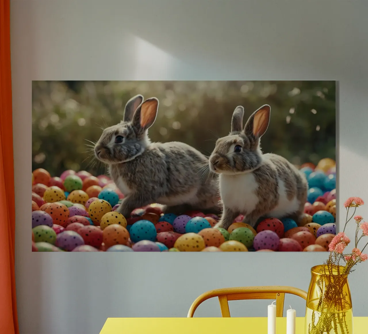 Des lapins explorant une multitude d'œufs colorés plexiglas de DesignDoodle