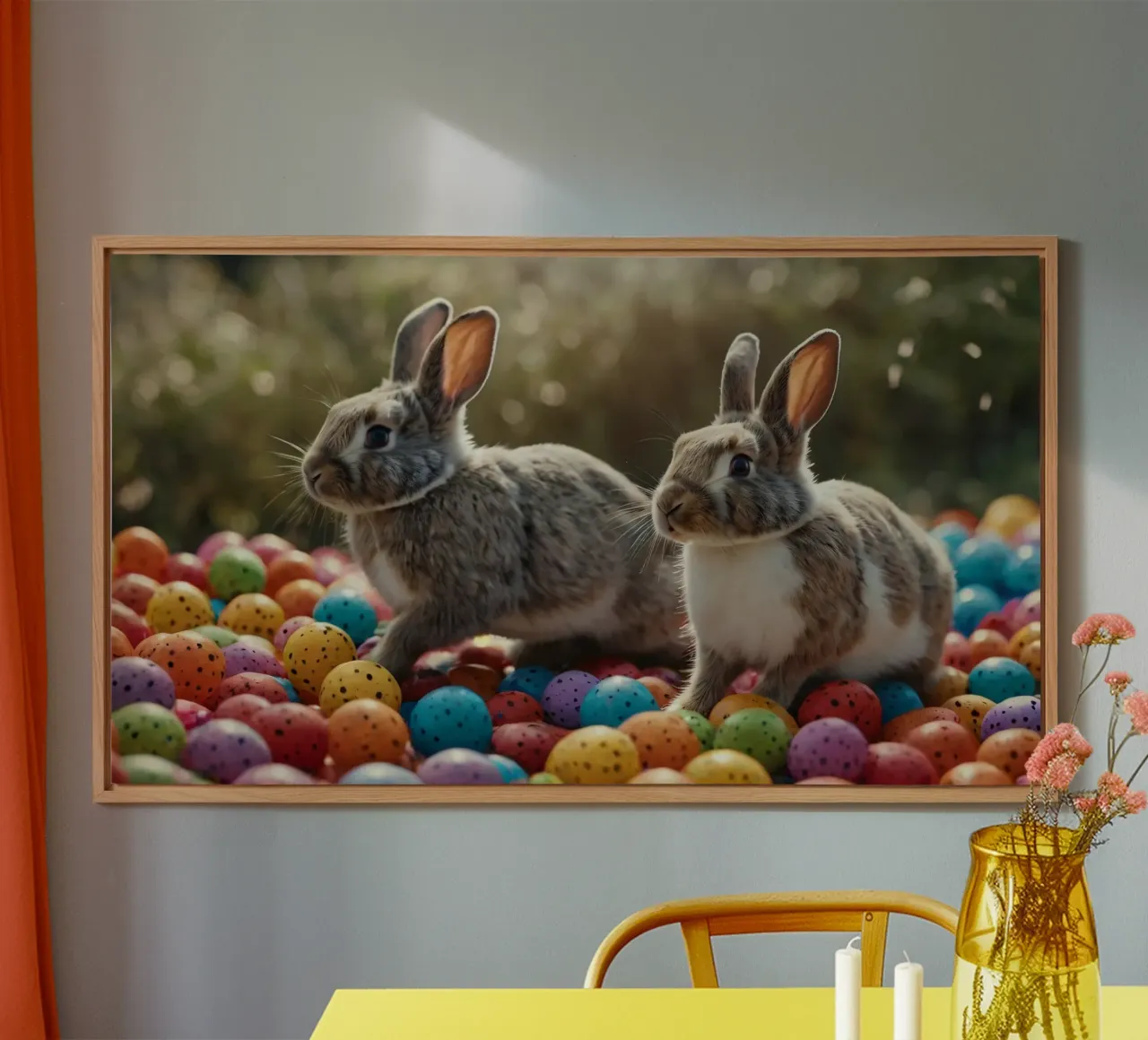 Conigli che esplorano una serie di uova colorate alluminio dibond da DesignDoodle