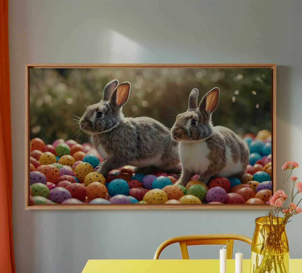 Rabbits exploring a colorful array of eggs canvas by DesignDoodle