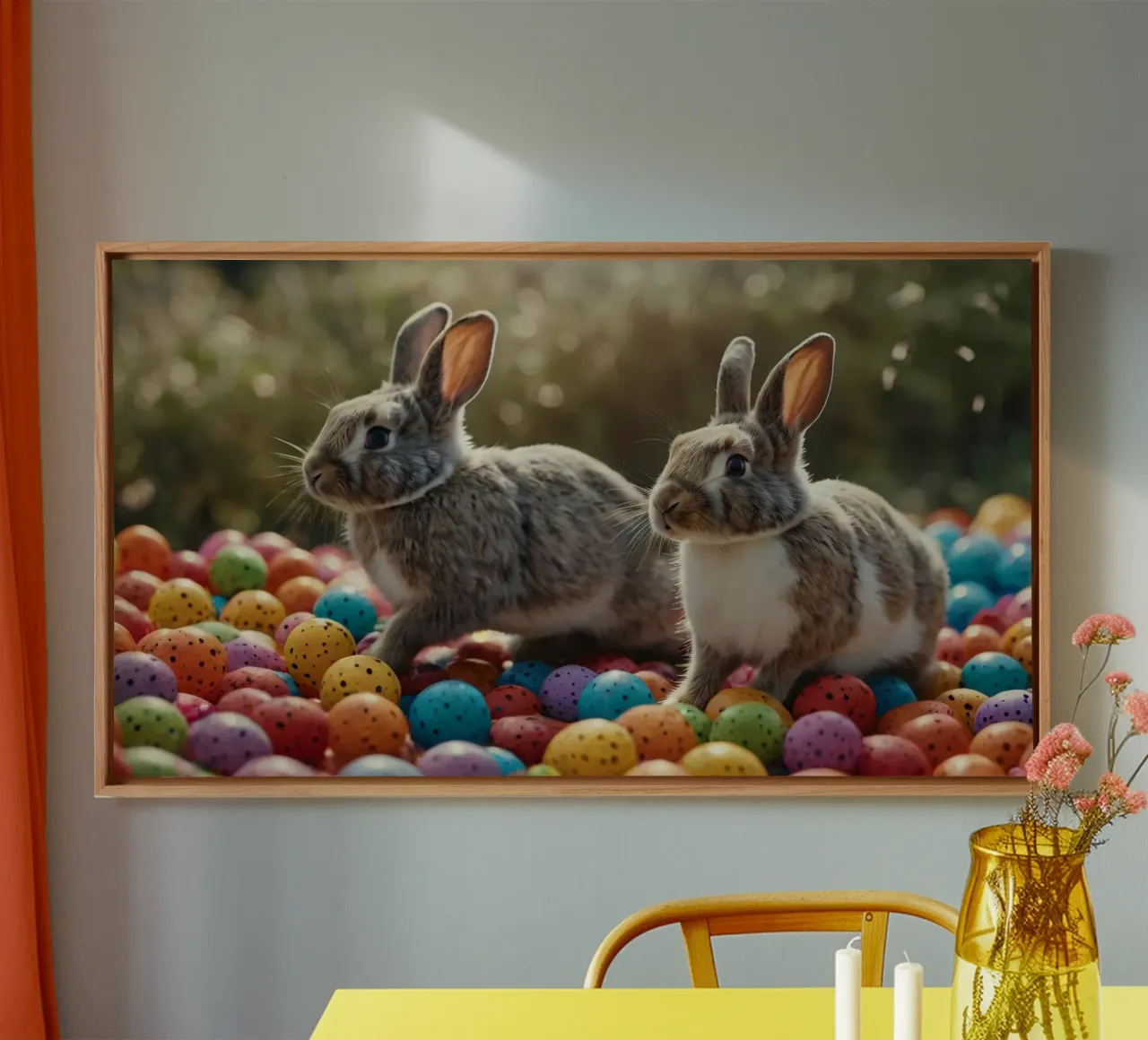 Rabbits exploring a colorful array of eggs canvas with Floater frame by DesignDoodle
