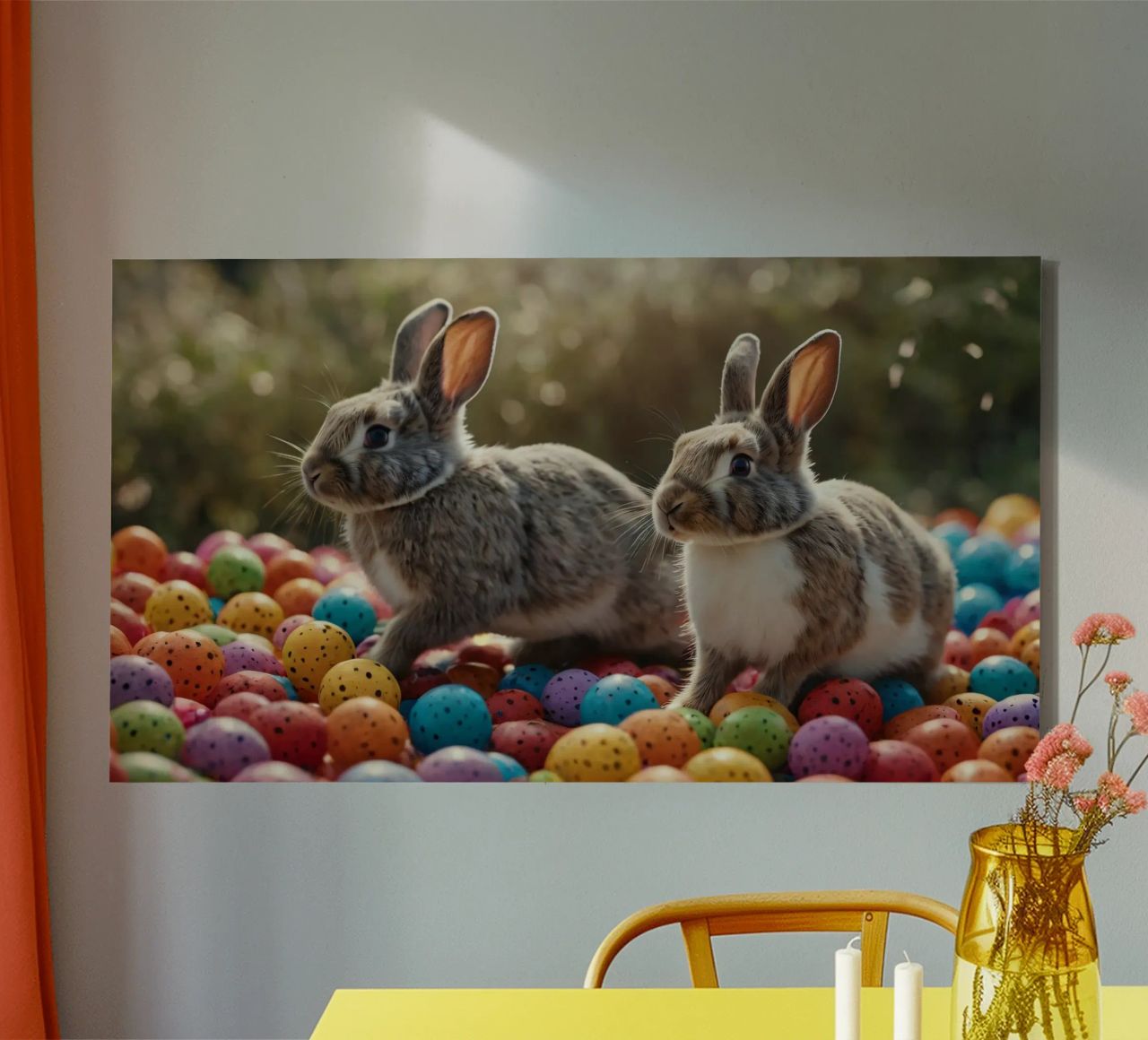 Rabbits exploring a colorful array of eggs canvas by DesignDoodle