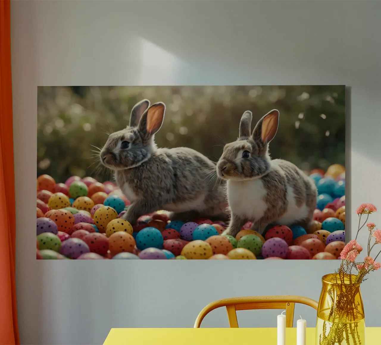 Rabbits exploring a colorful array of eggs canvas with Floater frame by DesignDoodle