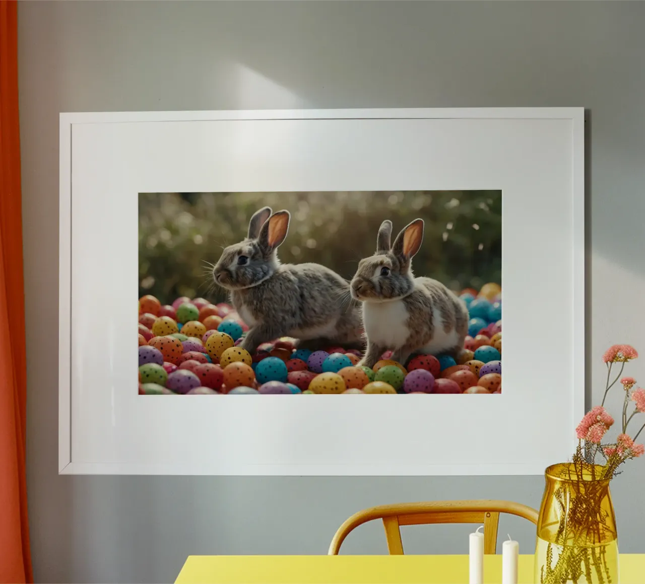 Des lapins explorant une multitude d'œufs colorés hahnemühle de DesignDoodle