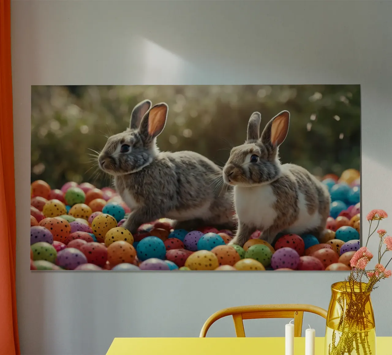 Des lapins explorant une multitude d'œufs colorés hahnemühle de DesignDoodle