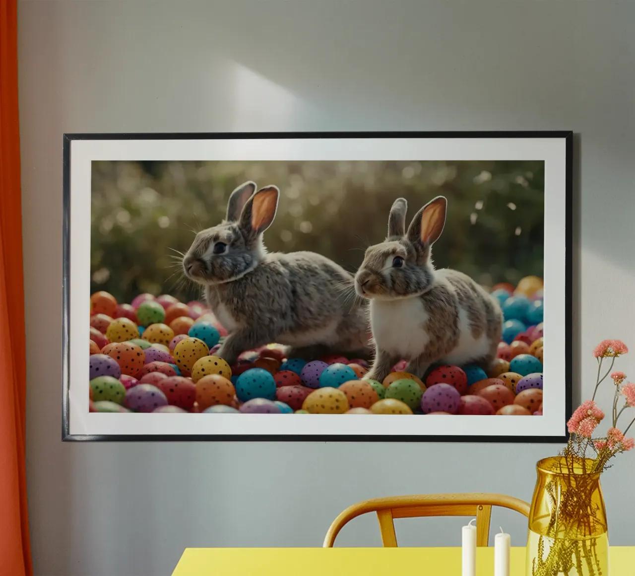 Des lapins explorant une multitude d'œufs colorés hahnemühle de DesignDoodle