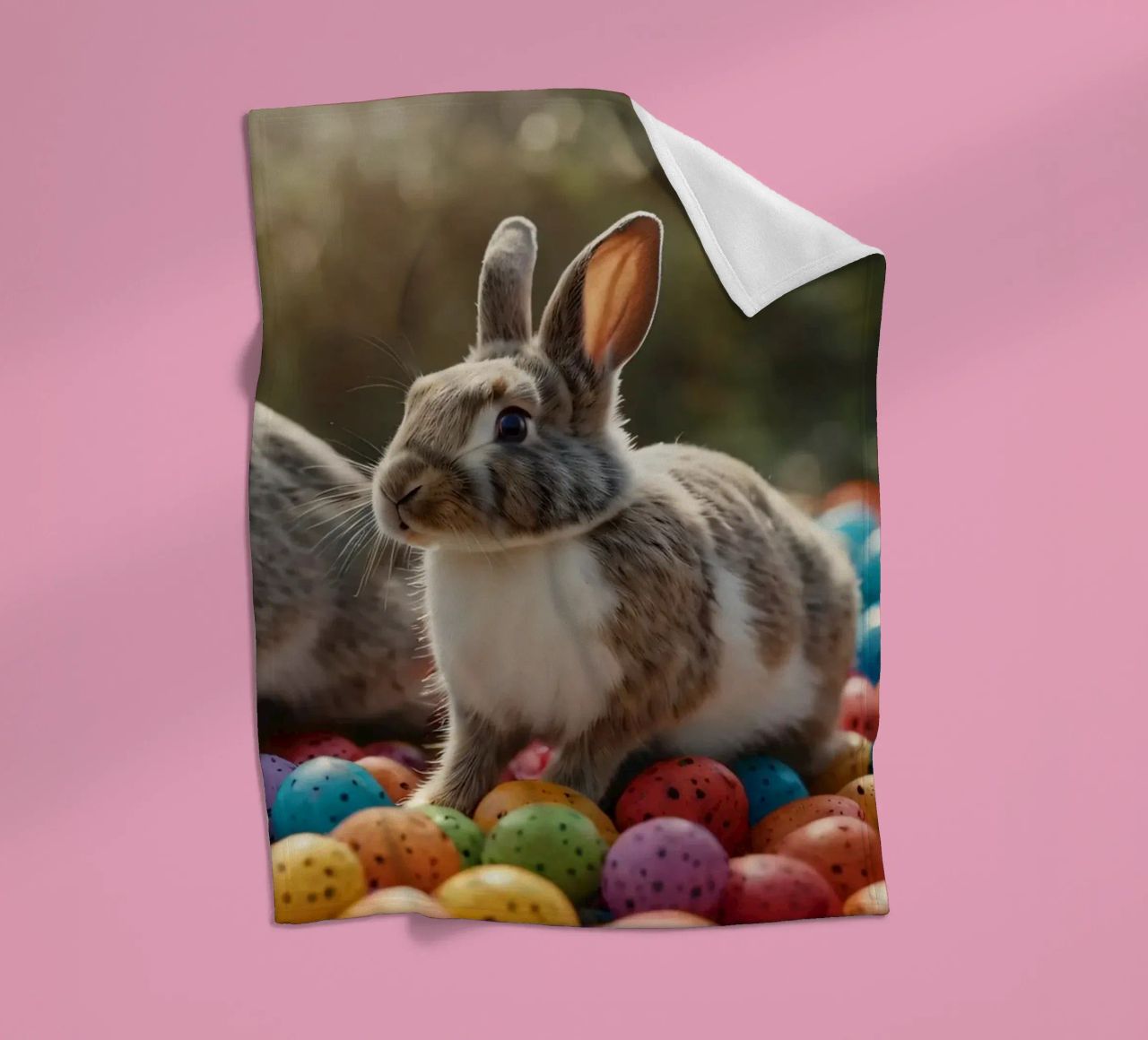 Rabbits exploring a colorful array of eggs fleece blanket by DesignDoodle
