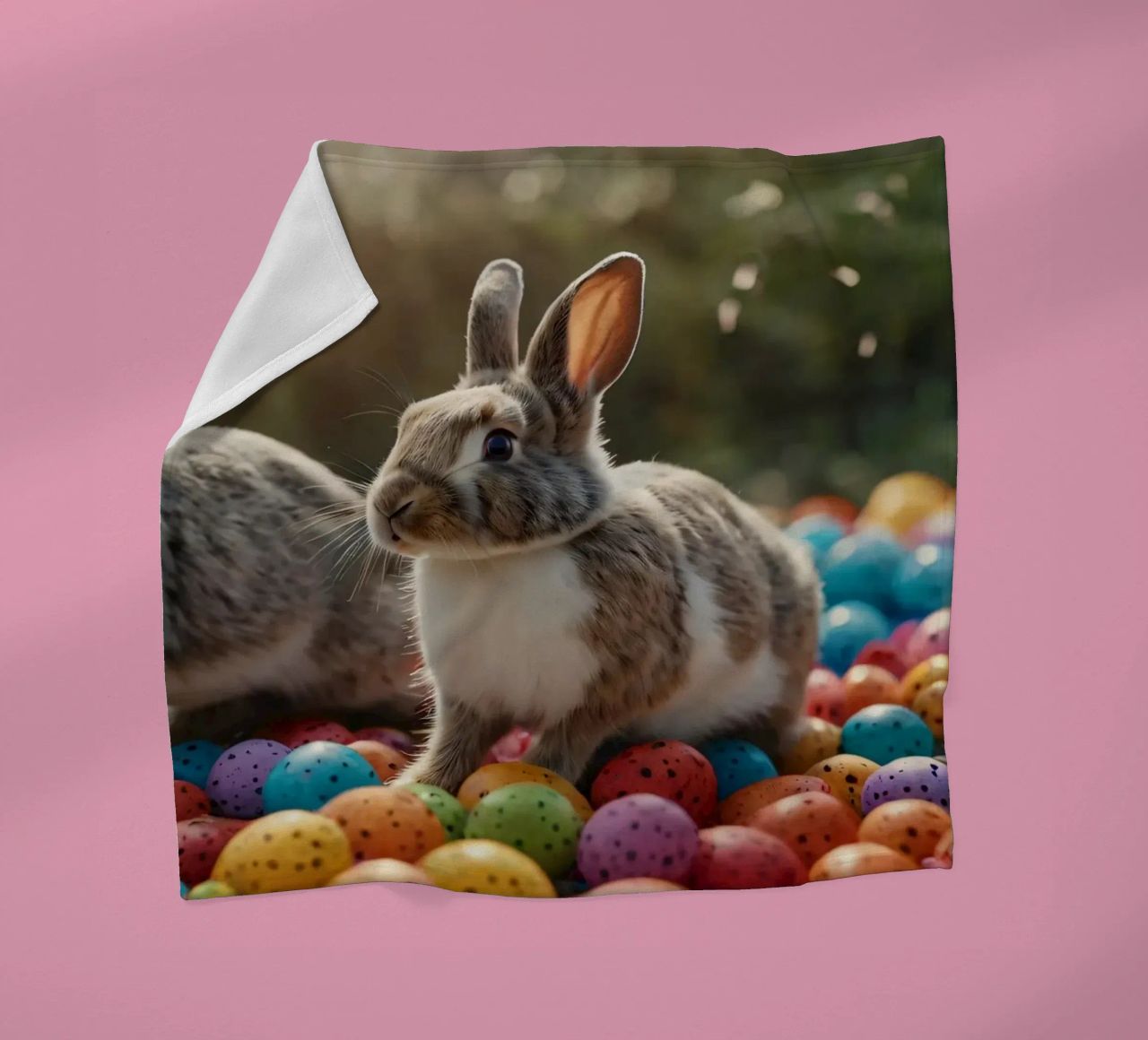 Rabbits exploring a colorful array of eggs fleece blanket by DesignDoodle