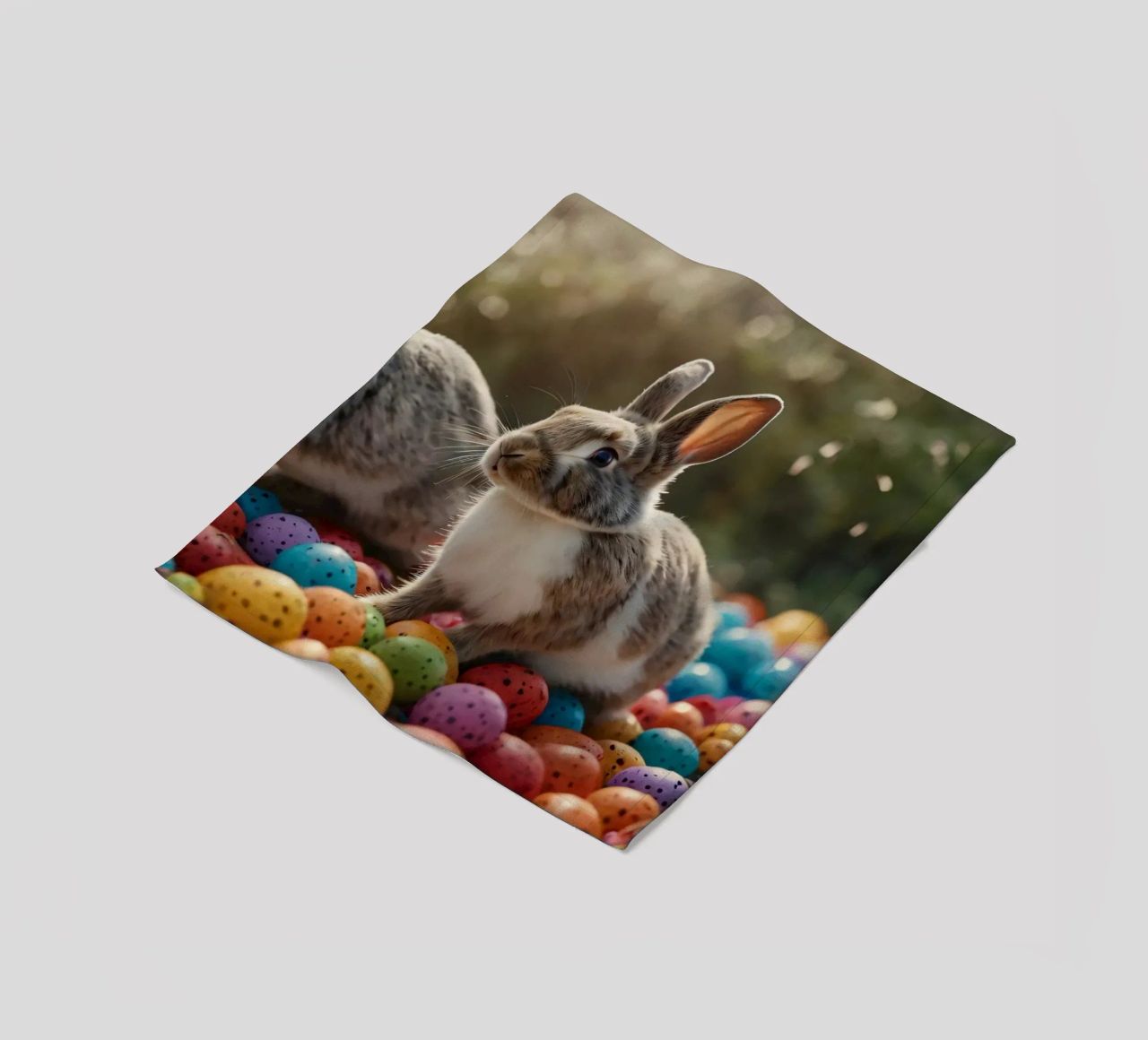 Rabbits exploring a colorful array of eggs fleece blanket by DesignDoodle
