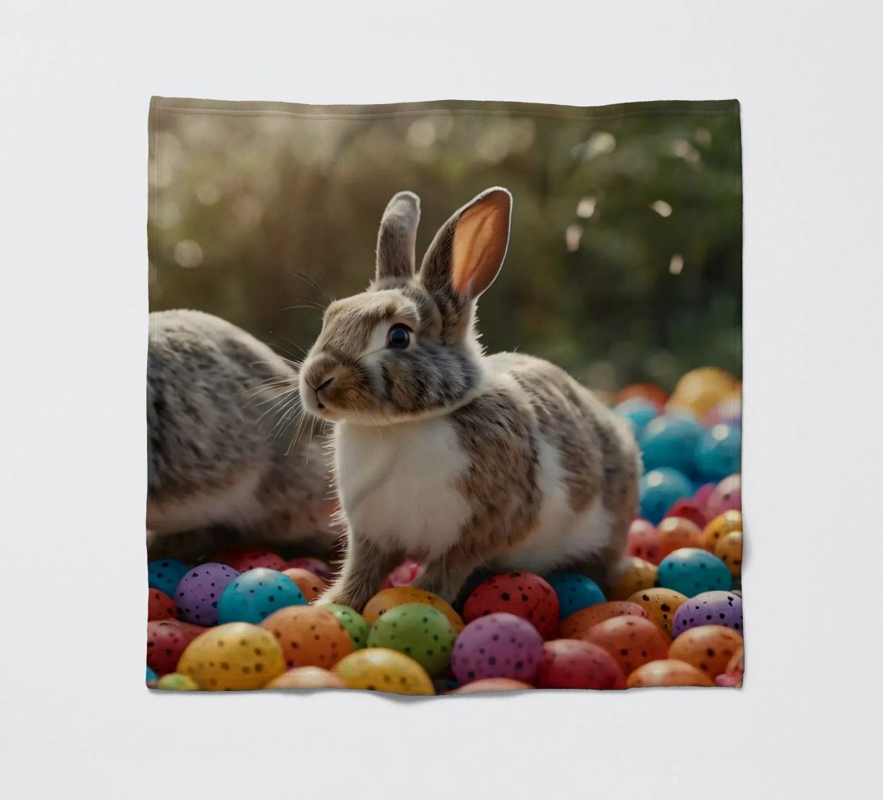 Rabbits exploring a colorful array of eggs fleece blanket by DesignDoodle