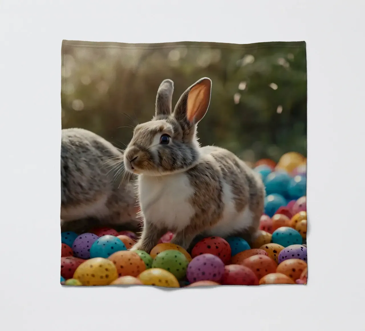 Rabbits exploring a colorful array of eggs fleece blanket by DesignDoodle