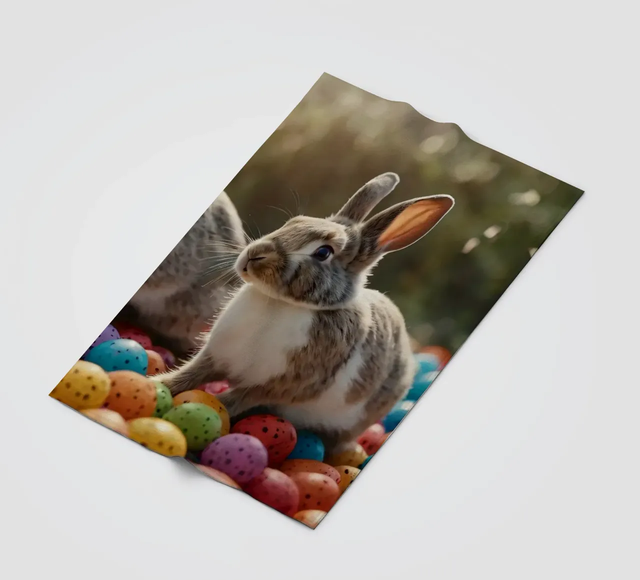 Rabbits exploring a colorful array of eggs fleece blanket by DesignDoodle