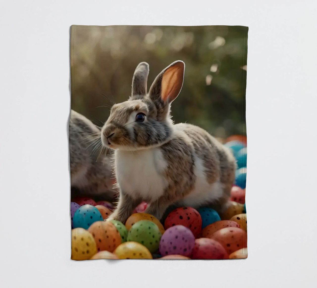 Rabbits exploring a colorful array of eggs fleece blanket by DesignDoodle