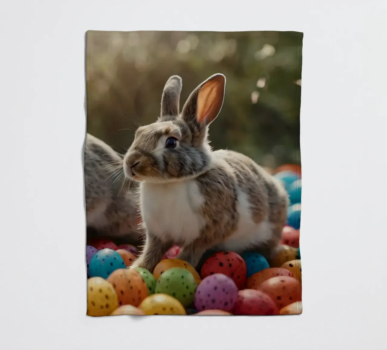 Rabbits exploring a colorful array of eggs fleece blanket by DesignDoodle