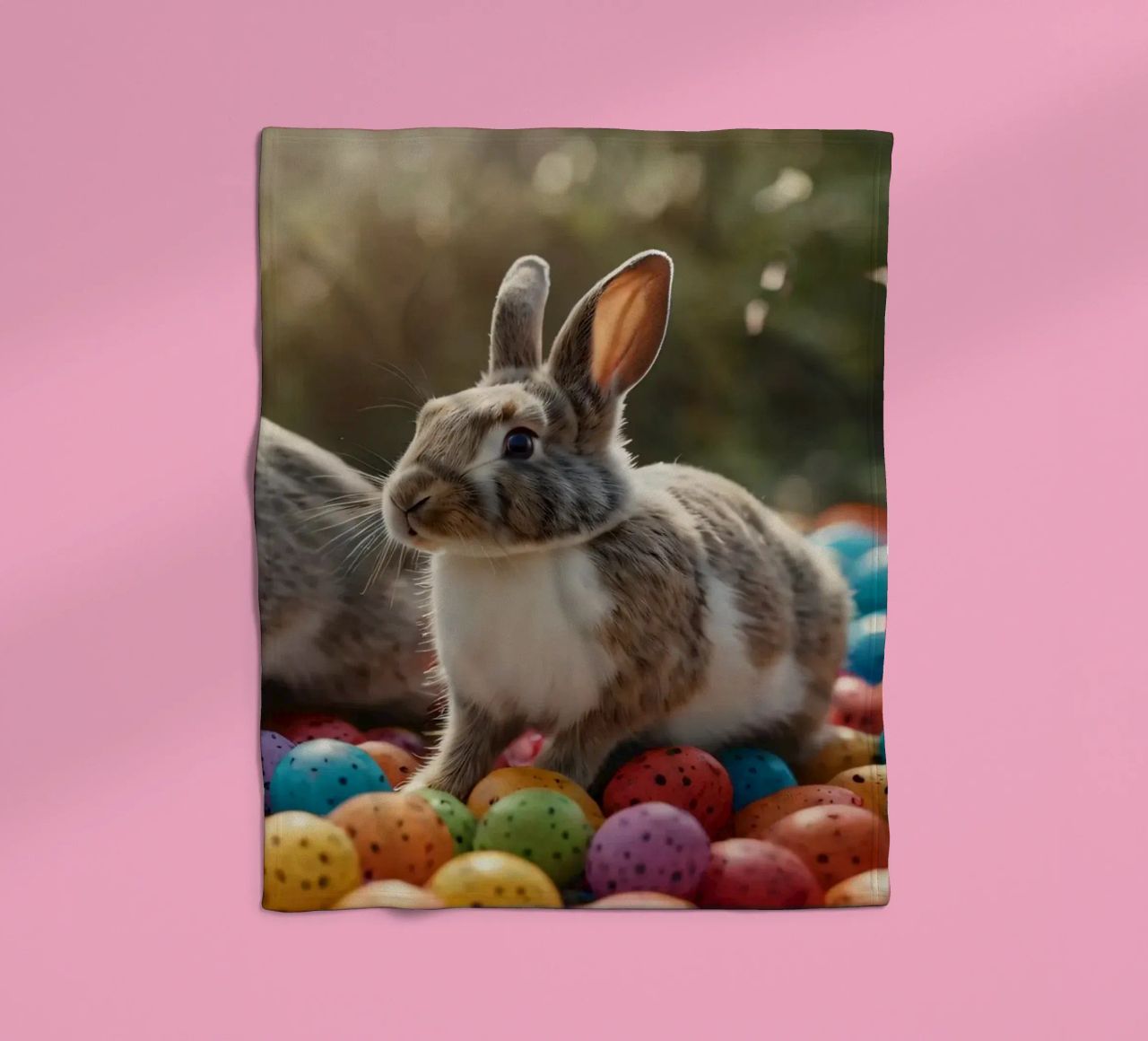 Rabbits exploring a colorful array of eggs fleece blanket by DesignDoodle