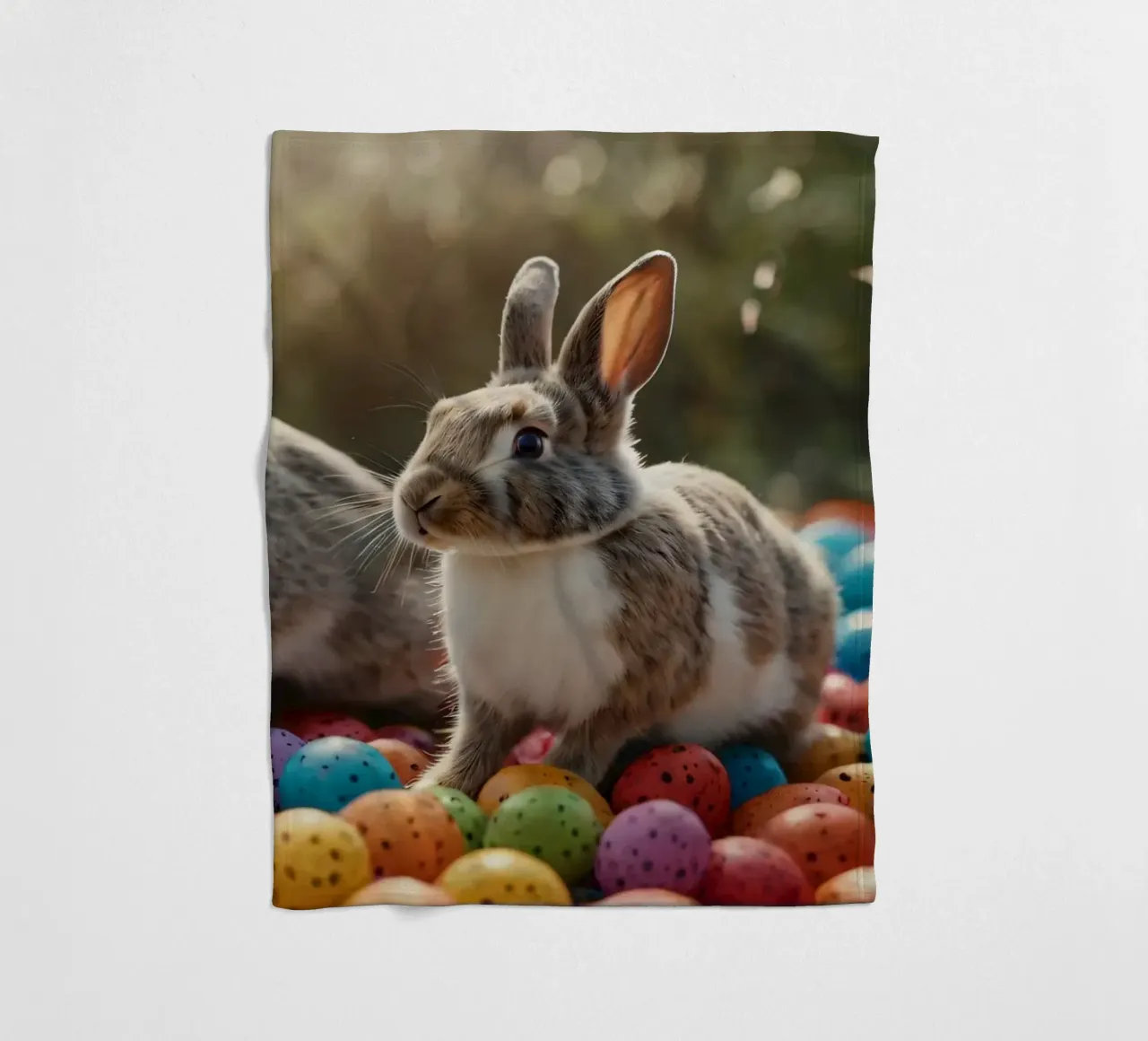 Conigli che esplorano una serie di uova colorate coperta in pile da DesignDoodle