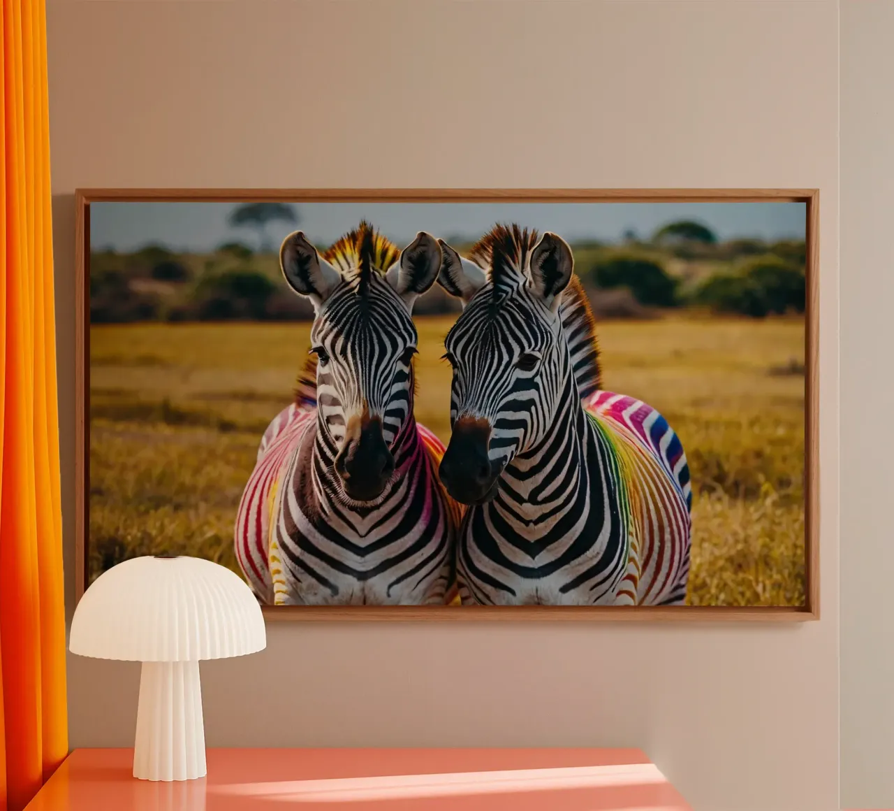 Kleurrijke zebra's staan bij elkaar in de savanne canvas met Baklijst van DesignDoodle