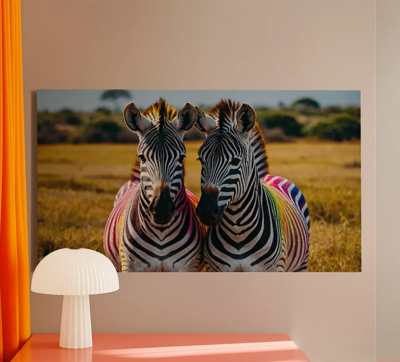 Kleurrijke zebra's staan bij elkaar in de savanne canvas met Baklijst van DesignDoodle