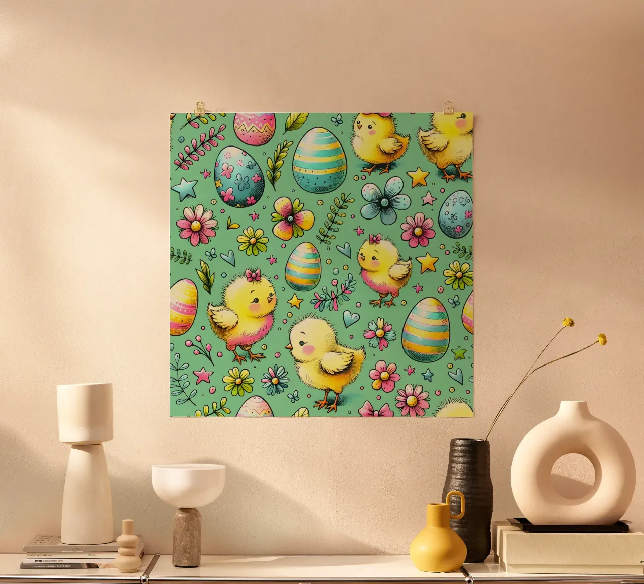 Scarabocchi di pulcini di Pasqua poster con telaio in legno da Happy Littles