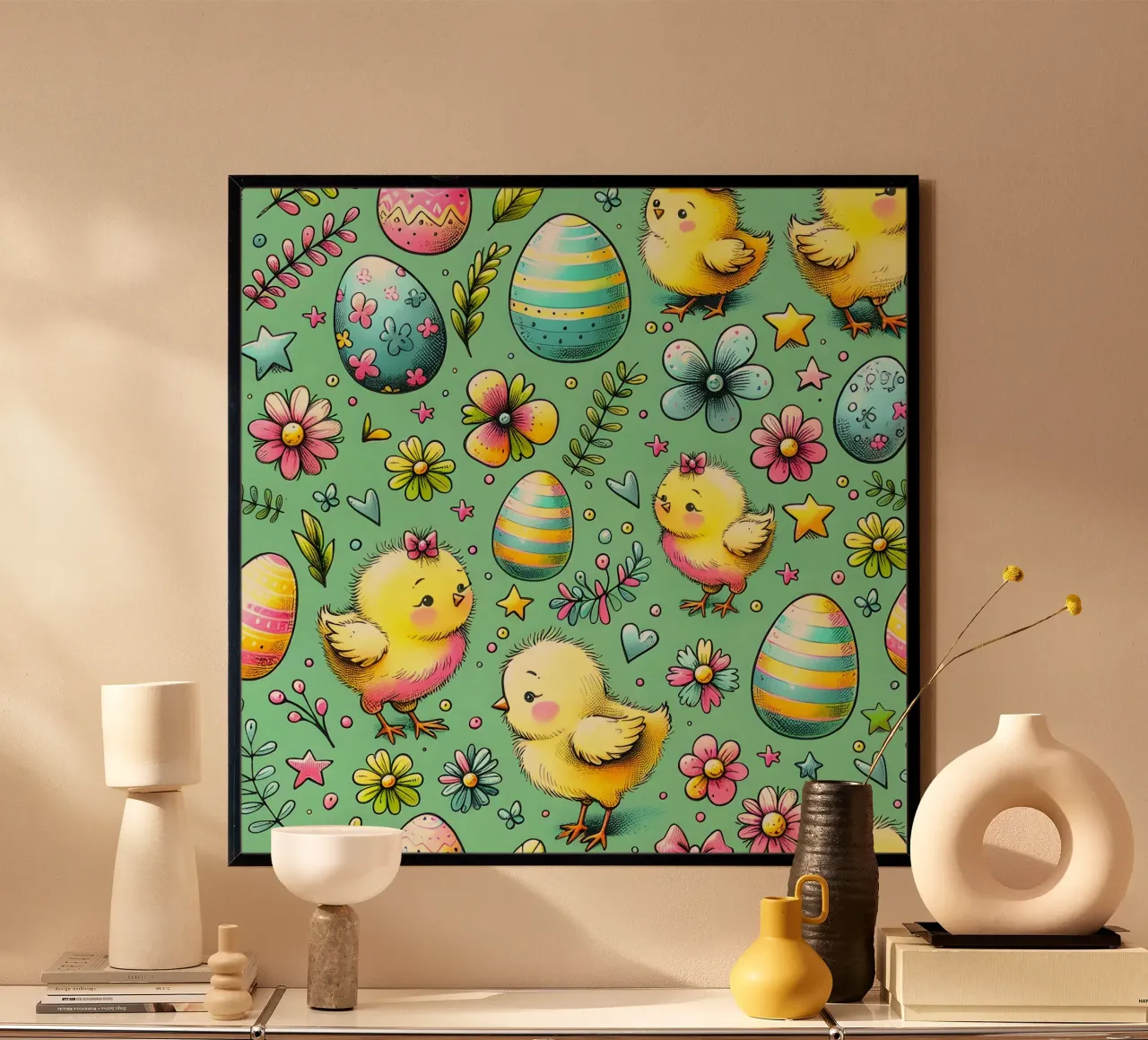 Scarabocchi di pulcini di Pasqua poster con telaio in legno da Happy Littles