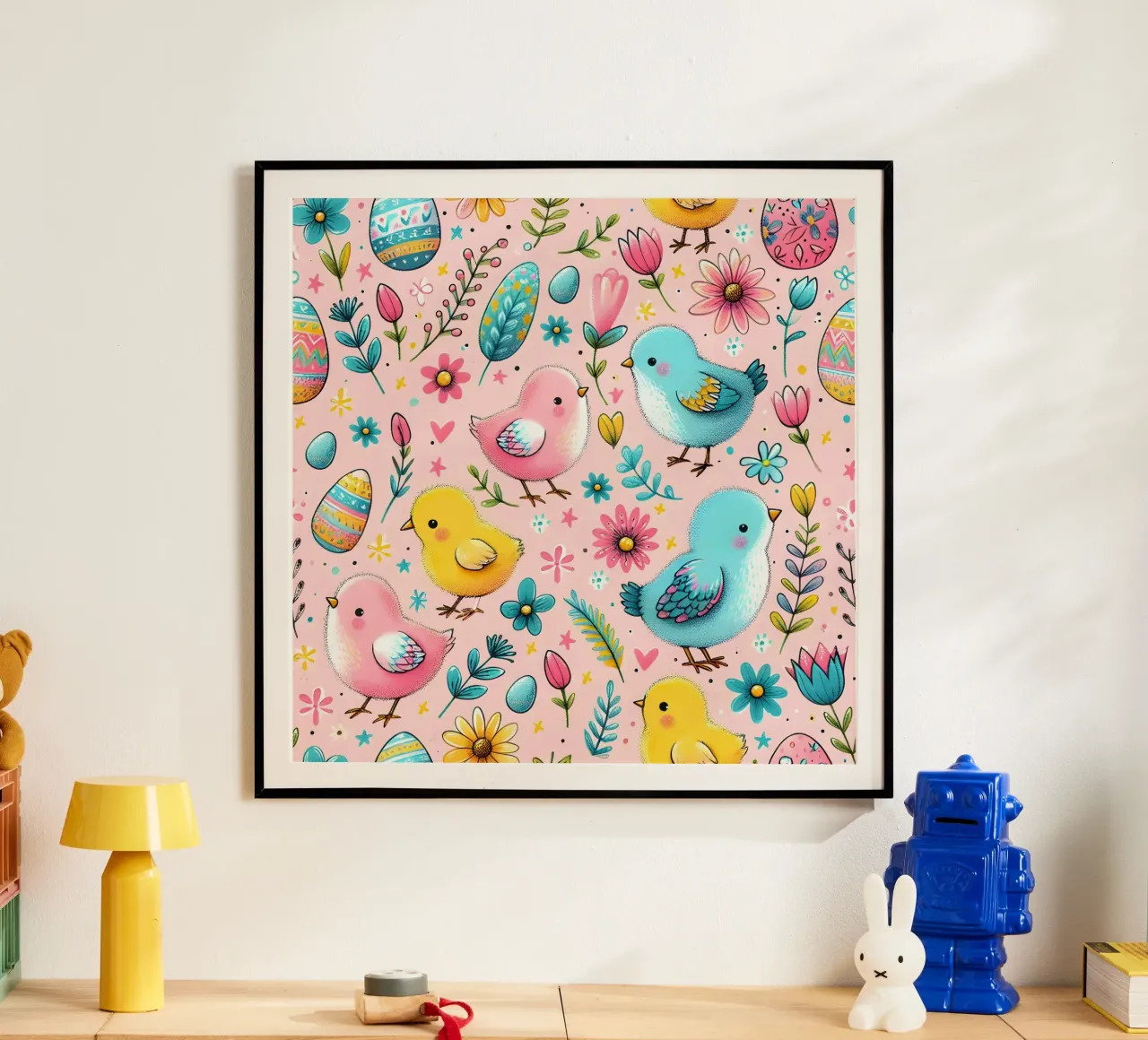 Scarabocchi di pulcini di Pasqua poster con telaio in legno da Happy Littles