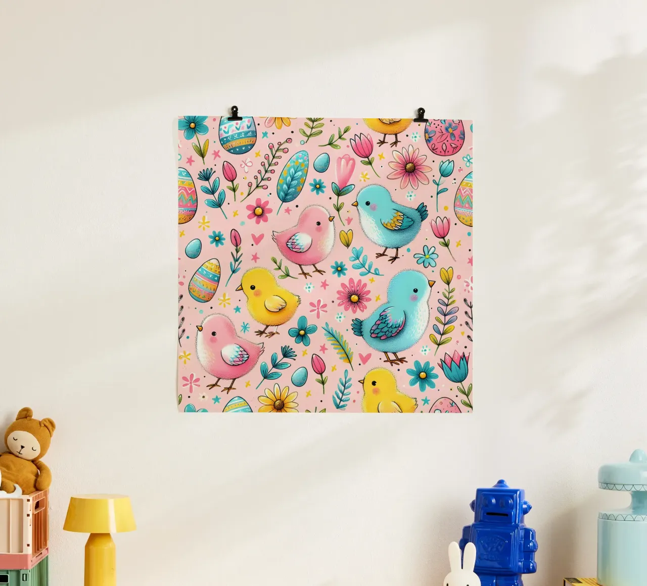 Scarabocchi di pulcini di Pasqua poster con telaio in legno da Happy Littles