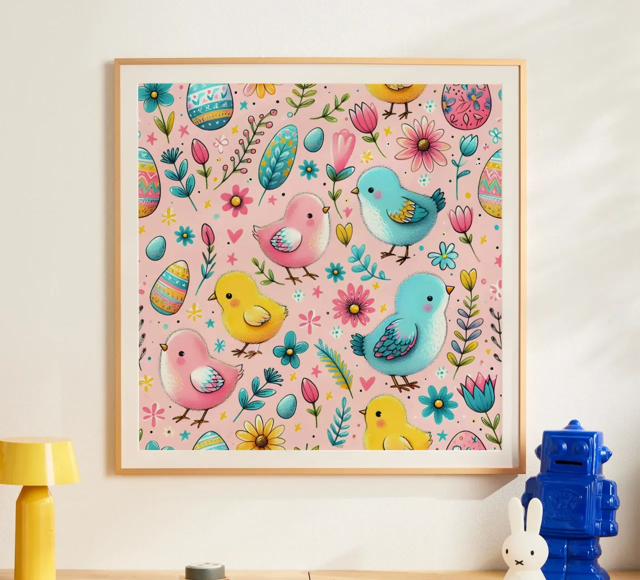 Scarabocchi di pulcini di Pasqua poster con telaio in legno da Happy Littles