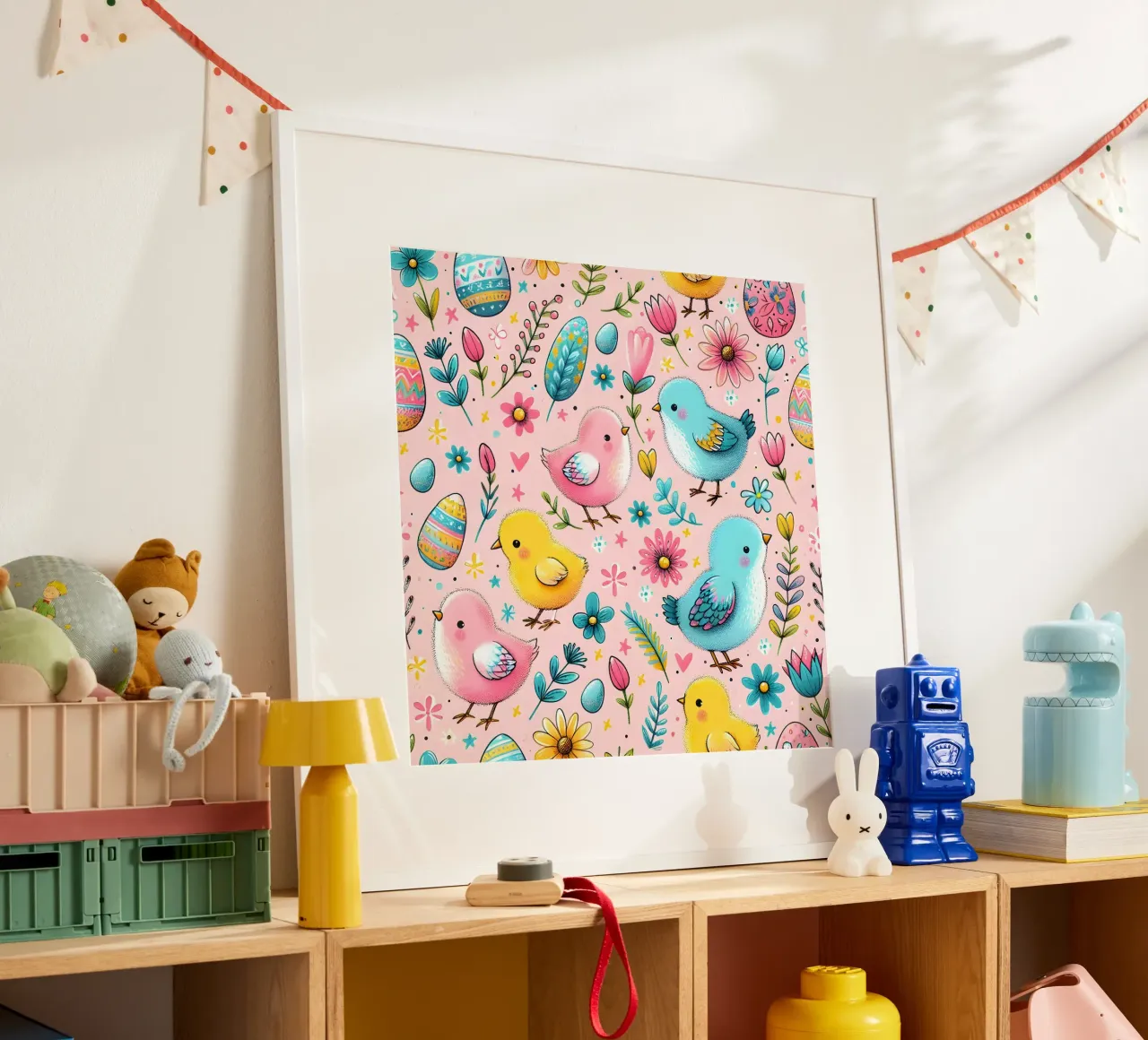 Scarabocchi di pulcini di Pasqua poster con telaio in legno da Happy Littles