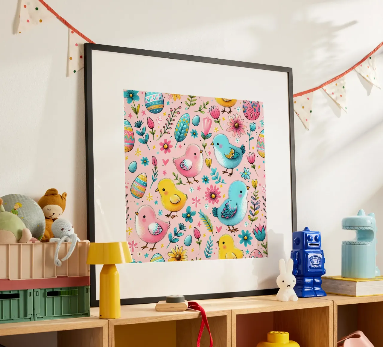 Scarabocchi di pulcini di Pasqua poster con telaio in legno da Happy Littles