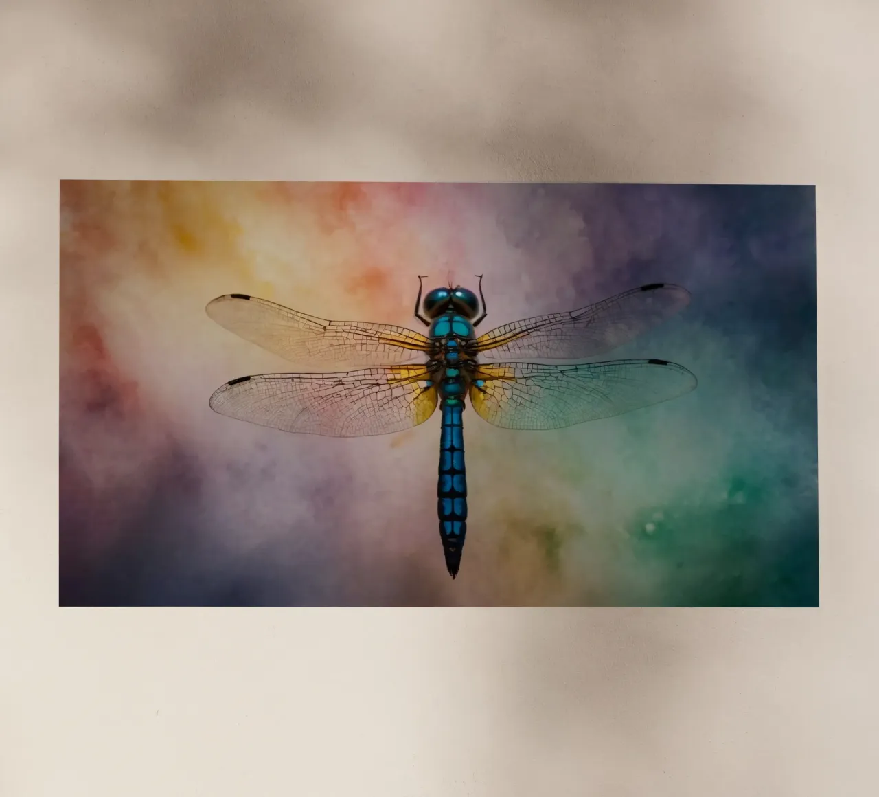 Libellula colorata che si libra su un vivace sfondo astratto pellicola backlit da DesignDoodle