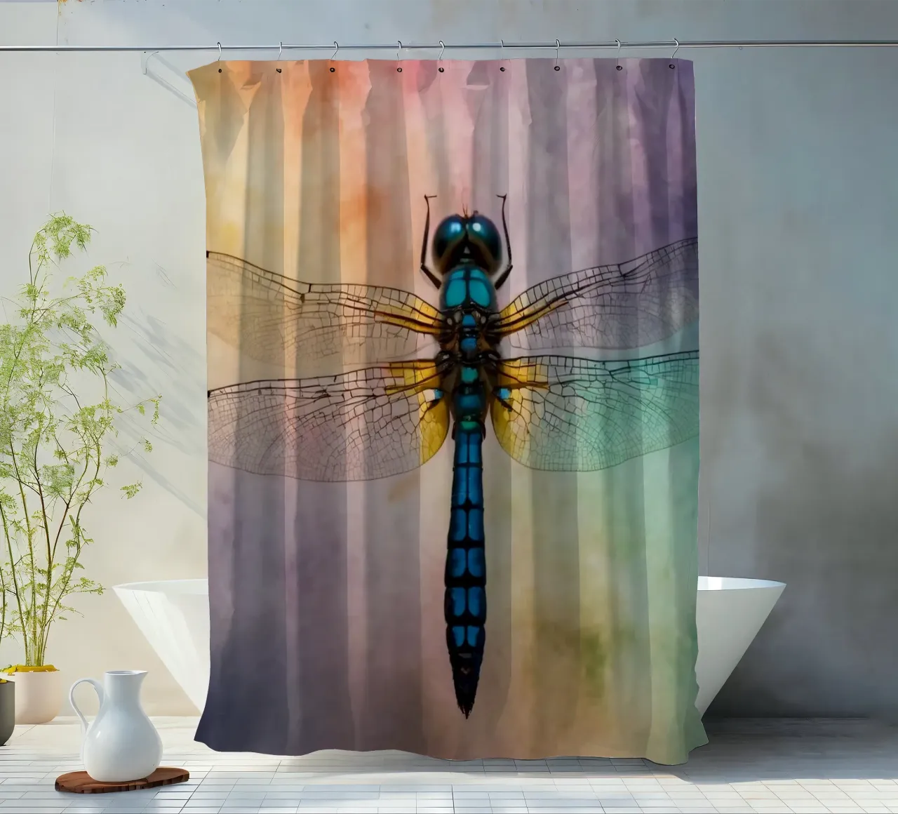 Colorful dragonfly hovering against a vibrant, abstract back shower curtain by DesignDoodle